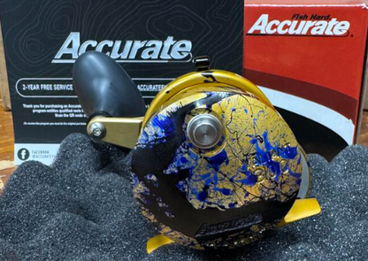 Accurate Valiant 300 2-Speed Clicker Lefty Custom Gold Blue Black Splatter Conventional Reel