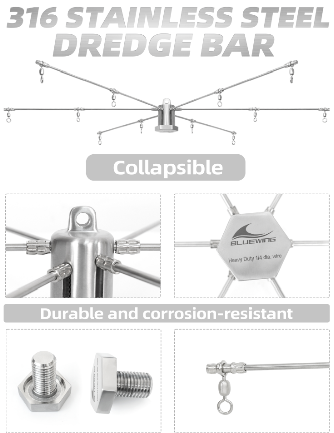 Bluewing 48" Collapsible/Foldable Heavy Duty Fishing Dredge with 3" Dredge Head and 6" Soft Squids Luminous