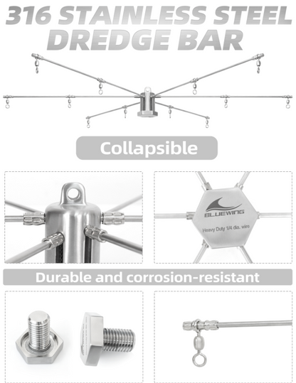 Bluewing 48" Collapsible/Foldable Heavy Duty Fishing Dredge with 3" Dredge Head and 6" Soft Squids Luminous