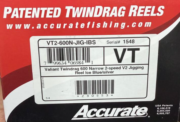 Accurate VT2-600N-JIG-IBS Valiant Twindrag 600 Narrow 2-Speed V2 Jigging Reel Ice Blue/Silver