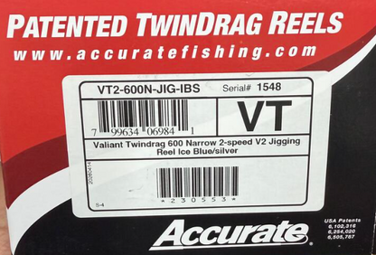 Accurate VT2-600N-JIG-IBS Valiant Twindrag 600 Narrow 2-Speed V2 Jigging Reel Ice Blue/Silver