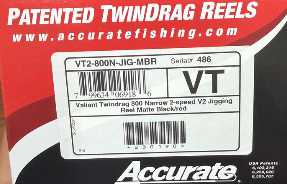 Accurate VT2-800N-JIG-MBR Valiant Twindrag 800 Narrow 2-Speed V2 Jigging Reel Matte Black/Red