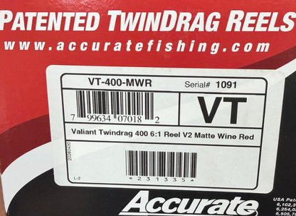 Accurate VT-400-MWR Valiant Twindrag 400 Reel V2 Matte Wine Red