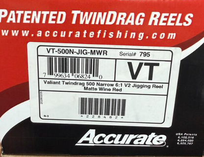 Accurate VT-500N-JIG-MWR Valiant Twindrag 500 Narrow V2 Jigging Reel Matte Wine Red