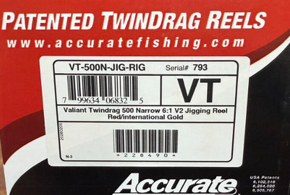 Accurate VT-500N-JIG-RIG Valiant Twindrag 500 Narrow V2 Jigging Reel Red/International Gold
