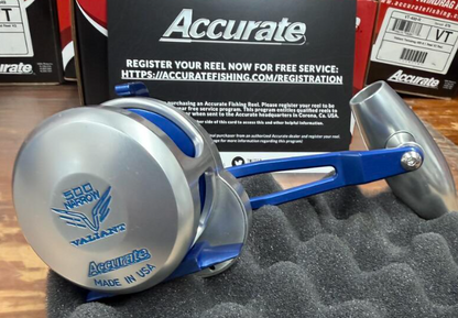 Accurate VT-500NL-JIG-SBL Valiant Twindrag 500 Narrow Lefty V2 Jigging Reel Silver/Blue