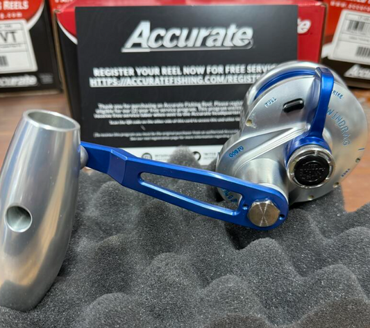 Accurate VT-500NL-JIG-SBL Valiant Twindrag 500 Narrow Lefty V2 Jigging Reel Silver/Blue
