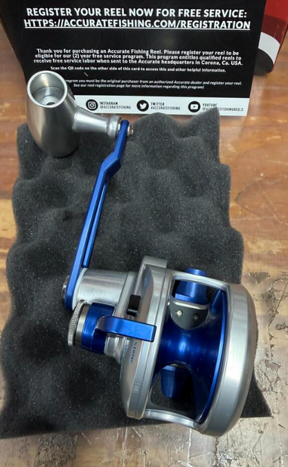 Accurate VT-500NL-JIG-SBL Valiant Twindrag 500 Narrow Lefty V2 Jigging Reel Silver/Blue