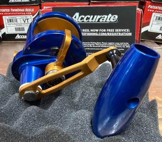 Accurate VT-600NL-JIG-BLO Valiant Twindrag 600 Narrow Lefty V2 Jigging Reel Blue/Orange
