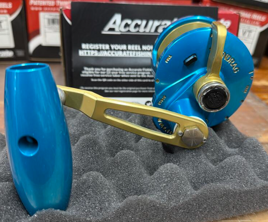 Accurate VT-600NL-JIG-IBG Valiant Twindrag 600 Narrow Lefty V2 Jigging Reel Ice Blue/Gold SPJ Handle