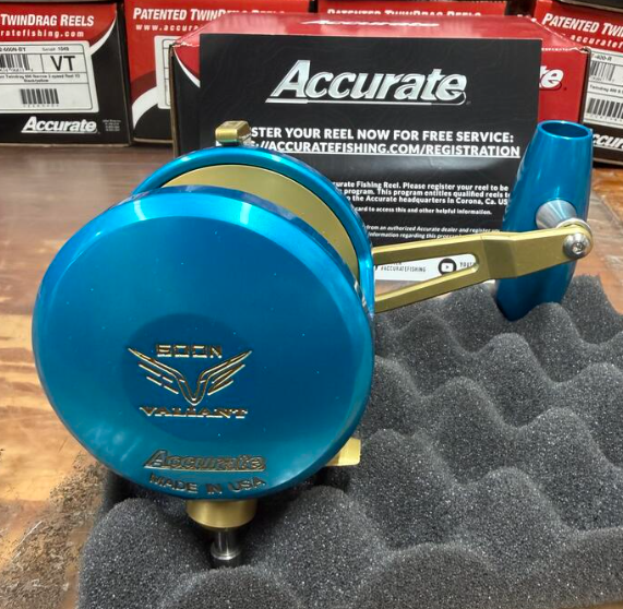 Accurate VT-600NL-JIG-IBG Valiant Twindrag 600 Narrow Lefty V2 Jigging Reel Ice Blue/Gold SPJ Handle