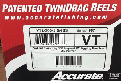 Accurate VT2-300-JIG-IBS Valiant Twindrag 300 2-Speed V2 Jigging Reel Ice Blue/Silver