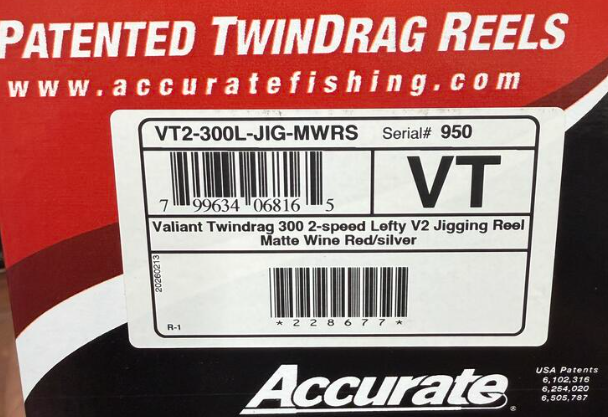 Accurate VT2-300L-JIG-MWRS Valiant Twindrag 300 2-Speed Lefty V2 Jigging Reel Matte Wine Red/Silver