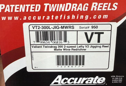 Accurate VT2-300L-JIG-MWRS Valiant Twindrag 300 2-Speed Lefty V2 Jigging Reel Matte Wine Red/Silver