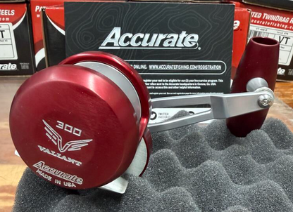 Accurate VT2-300L-JIG-MWRS Valiant Twindrag 300 2-Speed Lefty V2 Jigging Reel Matte Wine Red/Silver