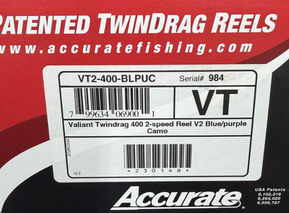Accurate VT2-400-BLPUC Valiant Twindrag 400 2-Speed Reel V2 Blue/Purple Camo