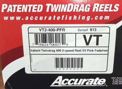 Accurate VT2-400-PFR Valiant Twindrag 400 2-Speed Reel V2 Pink Fade/Red
