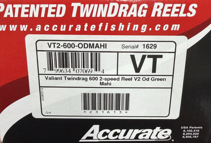 Accurate VT2-600-ODMAHI Valiant Twindrag 600 2-Speed Reel V2 OD Green Mahi