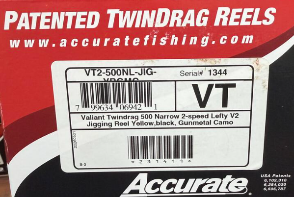 Accurate VT2-500NL-JIG-YBGMC Valiant Twindrag 500 Narrow 2-Speed Lefty V2 Jigging Reel Yellow,Black,Gunmetal Camo