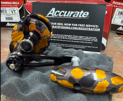 Accurate VT2-500NL-JIG-YBGMC Valiant Twindrag 500 Narrow 2-Speed Lefty V2 Jigging Reel Yellow,Black,Gunmetal Camo