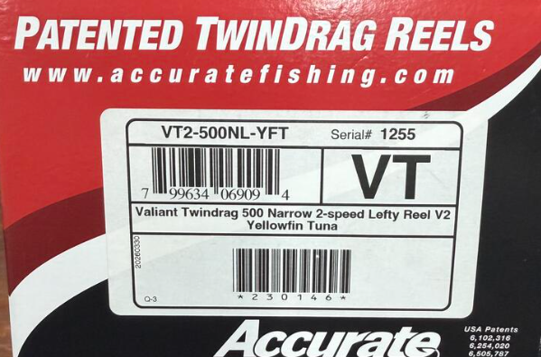 Accurate VT2-500NL-YFT Valiant Twindrag 500 Narrow 2-Speed Lefty Reel V2 Yellowfin Tuna