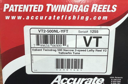 Accurate VT2-500NL-YFT Valiant Twindrag 500 Narrow 2-Speed Lefty Reel V2 Yellowfin Tuna