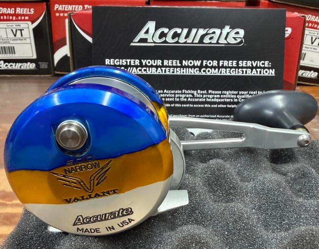 Accurate VT2-500NL-YFT Valiant Twindrag 500 Narrow 2-Speed Lefty Reel V2 Yellowfin Tuna