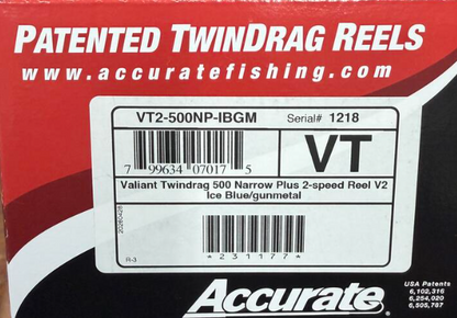 Accurate VT2-500NP-IBGM Valiant Twindrag 500 Narrow Plus 2-Speed Reel V2 Ice Blue/Gunmetal