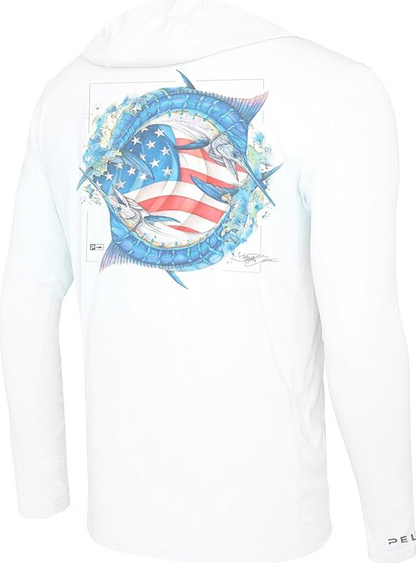 Pelagic Vaportek Hooded Goione American Marlin Hooded Long Sleeve Performance Shirt White