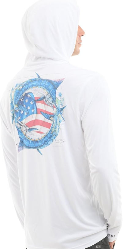 Pelagic Vaportek Hooded Goione American Marlin Hooded Long Sleeve Performance Shirt White