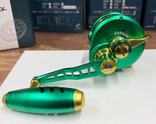 Maxel Rage Pro 90L Custom Conventional Reel Matte Green Light Gold Left Hand