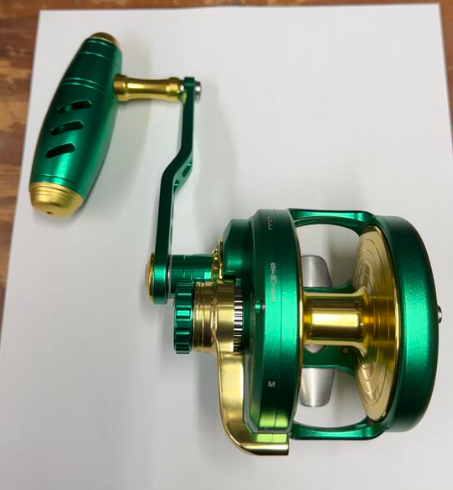 Maxel Rage Pro 90L Custom Conventional Reel Matte Green Light Gold Left Hand