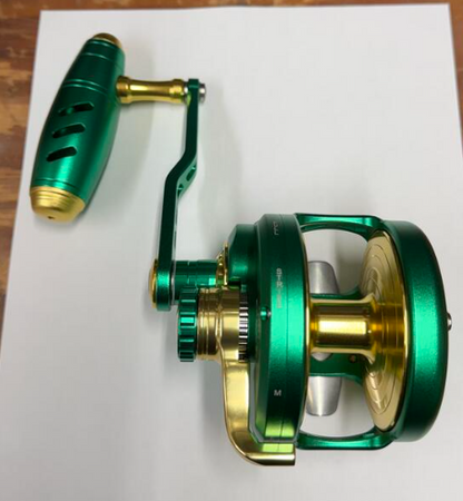Maxel Rage Pro 90L Custom Conventional Reel Matte Green Light Gold Left Hand