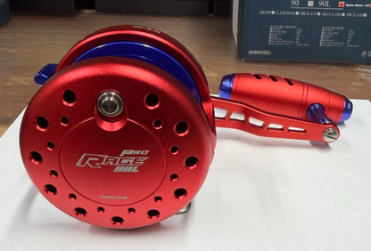 Maxel Rage Pro 90L Custom Conventional Reel Matte Red Navy Blue Left Hand