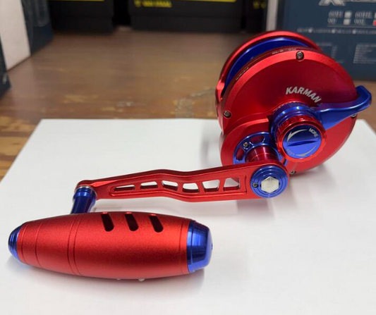 Maxel Rage Pro 90L Custom Conventional Reel Matte Red Navy Blue Left Hand