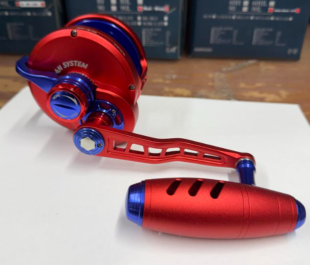 Maxel Rage Pro 90 Custom Conventional Reel Matte Red Blue Right Hand