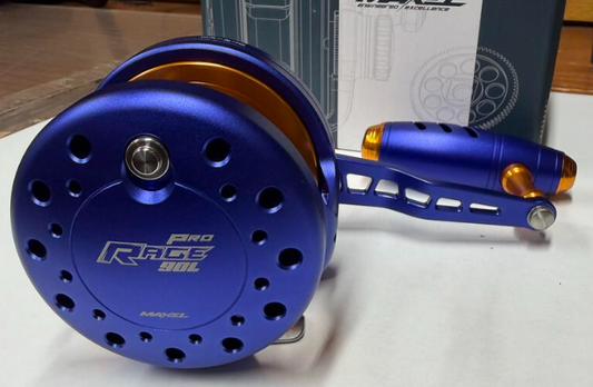 Maxel Rage Pro 90L Custom Matte Navy Blue Gold Conventional Jigging Reel Left Hand