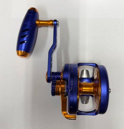 Maxel Rage Pro 90L Custom Matte Navy Blue Gold Conventional Jigging Reel Left Hand