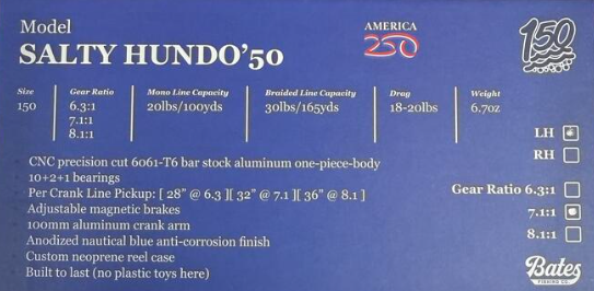 Bates Limited Edition Salty Hundo' 50 America 250th Anniversary Baitcasting Reel 150
