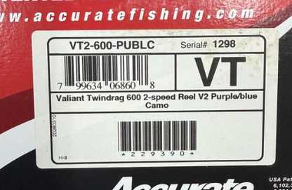 Accurate VT2-600-PUBLC Valiant 2 600 2-Speed Conventional Reel Purple Blue Camo Next-Gen Round Knob