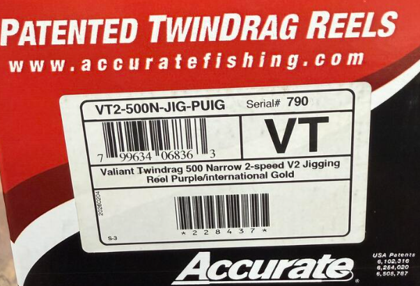 Accurate VT2-500N-JIG-PUIG Valiant 2 500 Narrow 2-Speed Jigging Conventional Reel Purple International Gold