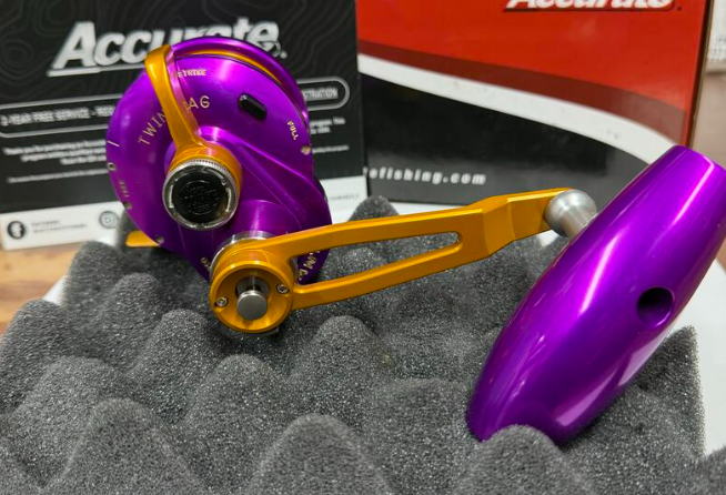 Accurate VT2-500N-JIG-PUIG Valiant 2 500 Narrow 2-Speed Jigging Conventional Reel Purple International Gold