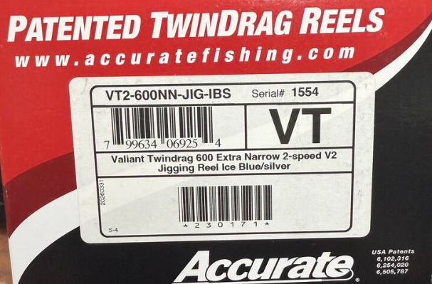 Accurate VT2-600NN-JIG-IBS Valiant 2 600 Extra Narrow 2-Speed Jigging Conventional Reel Ice Blue Silver SPJ Handle
