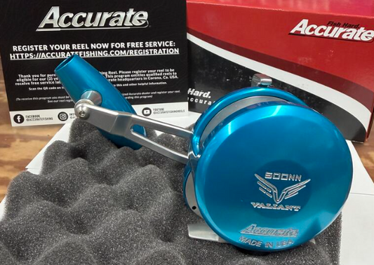 Accurate VT2-600NN-JIG-IBS Valiant 2 600 Extra Narrow 2-Speed Jigging Conventional Reel Ice Blue Silver SPJ Handle