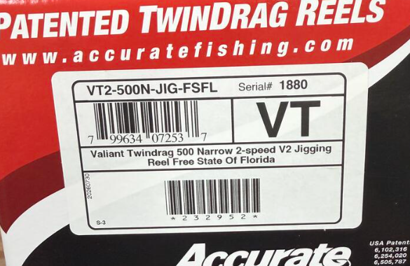 Accurate VT2-500N-FSFL Valiant Twindrag 500 Narrow 2-Speed V2 Jigging Conventional Reel Free State Of Florida Right Hand