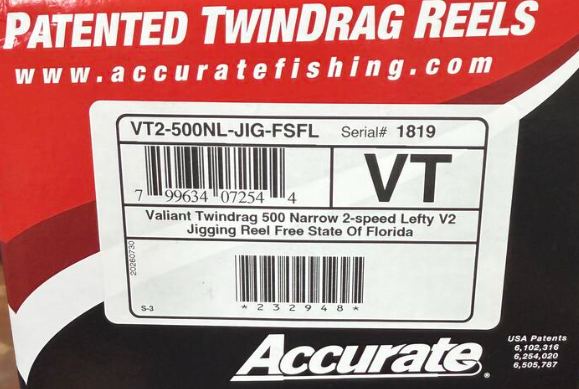 Accurate VT2-500NL-JIG-FSFL Valiant Twindrag 500 Narrow 2-Speed V2 Jigging Conventional Reel Free State Of Florida Left Hand
