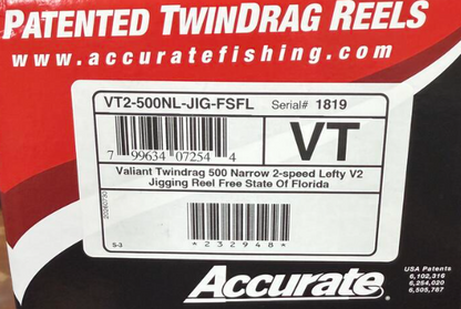 Accurate VT2-500NL-JIG-FSFL Valiant Twindrag 500 Narrow 2-Speed V2 Jigging Conventional Reel Free State Of Florida Left Hand