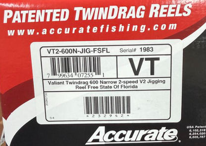 Accurate VT2-600N-JIG-FSFL Valiant Twindrag 600 Narrow 2-Speed V2 Jigging Conventional Reel Free State Of Florida Right Hand