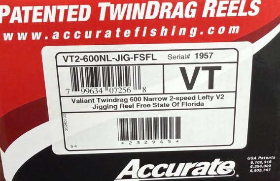 Accurate VT2-600NL-JIG-FSFL Valiant Twindrag 600 Narrow 2-Speed V2 Jigging Conventional Reel Free State Of Florida Left Hand