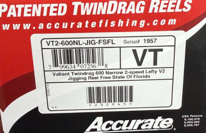 Accurate VT2-600NL-JIG-FSFL Valiant Twindrag 600 Narrow 2-Speed V2 Jigging Conventional Reel Free State Of Florida Left Hand